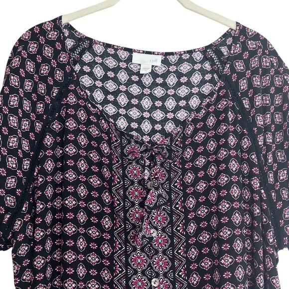J Jill Womens Floral Blouse Size Large Black Burgundy Button Ties at Neck Boho - Picture 2 of 7